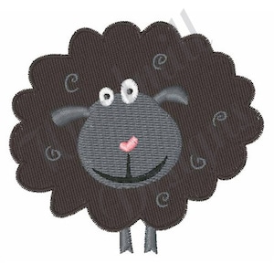 May include: A black sheep with a grey face and pink nose. The sheep has large, white eyes and a happy expression. The sheep is embroidered with a curly, brown wool texture.