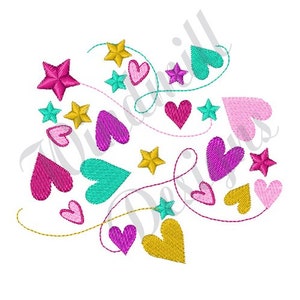 May include: A digital embroidery design featuring a heart shape filled with pink, purple, teal, and yellow hearts and stars.