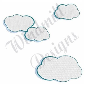 Peut inclure: Trois nuages blancs avec un contour bleu, sur un fond blanc.
