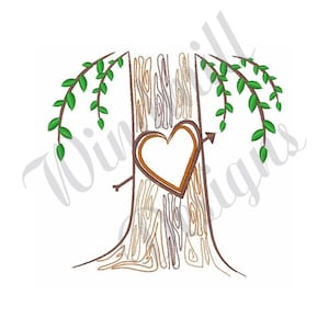 May include: Embroidered design of a tree trunk with a heart carved into it and an arrow through the heart. The tree has green leaves on branches.