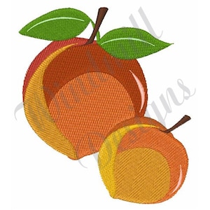 May include: Two peaches, one larger than the other, with a yellow and orange colour scheme. The larger peach has a green leaf on top.