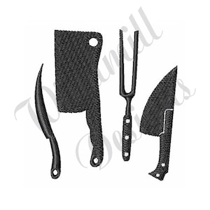May include: A set of four black kitchen knives, including a chef's knife, a paring knife, a boning knife, and a fork.