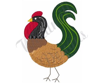 May include: A stylized embroidered rooster with a red comb, black head, brown body, and green tail feathers.