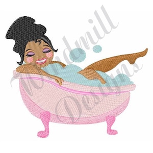 May include: A cartoon illustration of a woman relaxing in a pink bathtub with blue bubbles. She has dark skin, black hair, and is wearing a light blue bathing suit.
