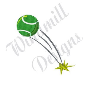 Puede incluir: Una pelota de tenis verde y blanca con una estrella amarilla al final de un rastro gris, lo que sugiere una estrella fugaz.