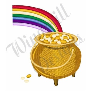 May include: A gold pot filled with gold coins sits under a rainbow. The rainbow has red, orange, yellow, green, blue, indigo, and violet stripes.