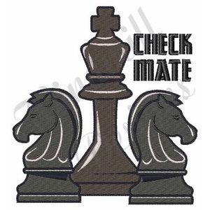 May include: An embroidered design featuring a chess king piece flanked by two knight pieces. The text "CHECK MATE" is displayed above the chess pieces in a bold, blocky font. The design is in shades of gray and black.