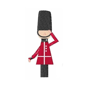 May include: A cartoon illustration of a red and black British guard saluting. The guard is wearing a red coat with white accents and a black hat.