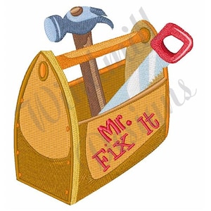 May include: A yellow wooden toolbox with a hammer, saw, and the text "Mr. Fix It" on the side.