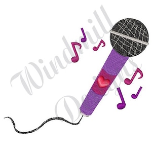 May include: Purple microphone with a black grill and a red heart on the side. There are musical notes around the microphone.