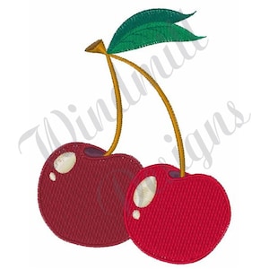 May include: Two red cherries with green stalks and leaves. The cherries have a shiny, glossy finish.
