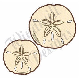 May include: Two sand dollar shells with a brown outline and a five-pointed star design in the center. The shells are beige with a white center.