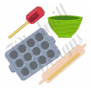 May include: A set of baking tools including a red spatula, a green mixing bowl, a rolling pin, and a gray muffin tin.