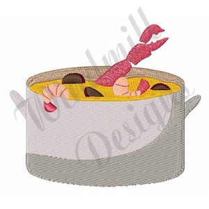 May include: A gray pot filled with yellow soup with a red shrimp and other ingredients on top.