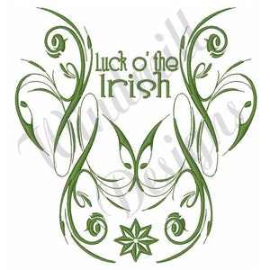 K&ouml;nnte beinhalten: Gr&uuml;nes Stickmuster mit einem stilisierten floralen Muster und dem Text "Luck o' the Irish".