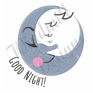 May include: A blue crescent moon with a smiling face and closed eyes, hugging a white crescent moon with a sleeping face. The text "Good Night!" is written below the moons.