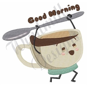 Könnte beinhalten: Eine Cartoon-Illustration einer Kaffeetasse mit einem lächelnden Gesicht, die einen Löffel über ihrem Kopf hält. Der Löffel trägt die Aufschrift "Good Morning".