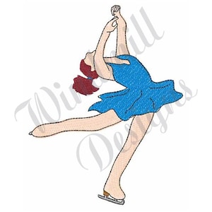 May include: A figure skater in a blue dress with a red ponytail is performing a spin on the ice.