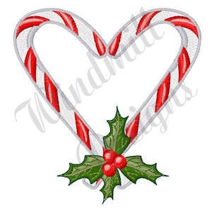 May include: A red and white candy cane shaped into a heart with a green holly sprig and red berries.