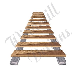 May include: A brown wooden railway track with silver metal sleepers. The track is angled to create a perspective view.