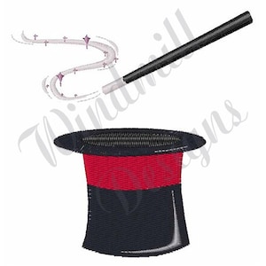 Puede incluir: Un sombrero de copa negro con una banda roja y una varita mágica negra con un rastro blanco de brillo.