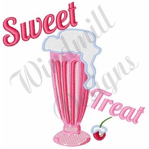 May include: Pink and white embroidered design of a milkshake with whipped cream and a cherry on top. The text "Sweet Treat" is embroidered above and below the milkshake.