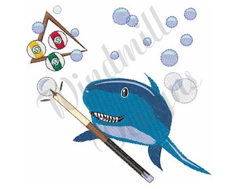 May include: A blue shark cartoon character holding a pool cue with a blue and white striped cue ball in the background. There are several blue bubbles around the shark.