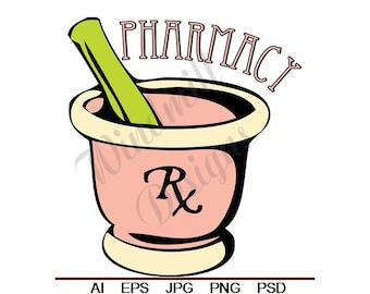 Pharmacy Rx Mortar and Pestle - Svg, Dxf, Eps, Png, Jpg, Vector Art, Clipart, Cut File Cricut and Silhouette Cut Files