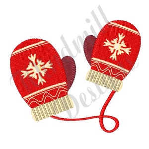 May include: A pair of red mittens with white snowflake designs and a white cuff. The mittens are connected by a red string.