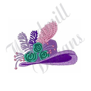 May include: A purple hat with a pink, purple, and green floral design. The hat has a wide brim and a tall crown.