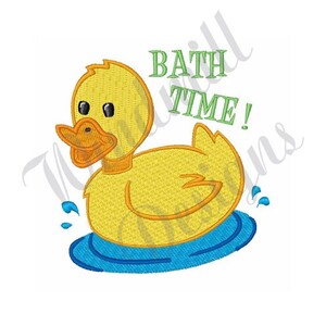 May include: A yellow rubber duck with black eyes and a bright orange beak is floating in a blue pool of water. The text "BATH TIME!" is written in green letters above the duck.