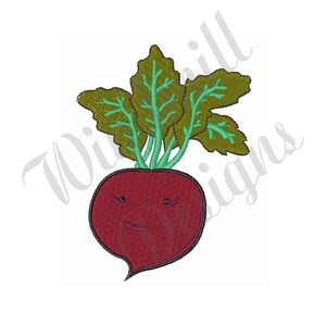 May include: A red beet with a smiling face and green leafy tops.