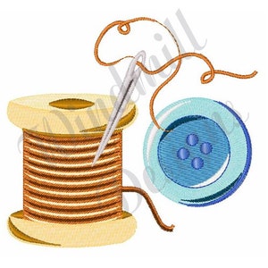 May include: A spool of brown thread with a wooden bobbin, a blue button with four holes, and a needle threaded with orange thread.