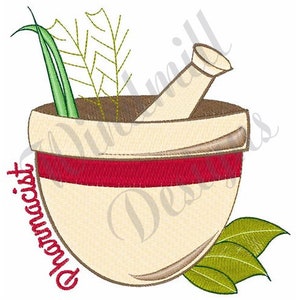 May include: A white mortar and pestle with a red band around the middle. Green herbs are inside the mortar. The word "Pharmacist" is written vertically on the left side of the mortar.