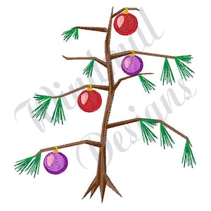 May include: A cartoon illustration of a bare Christmas tree with four ornaments. The tree has a brown trunk and green branches. The ornaments are red and purple.