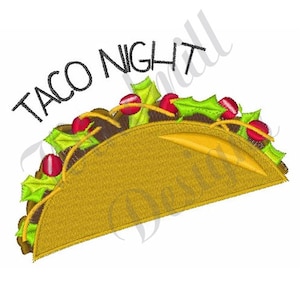 Op de afbeelding: Borduurwerk van een gele taco met groene sla, rode tomaten en bruine vleesvulling. De tekst "Taco Night" staat boven de taco.