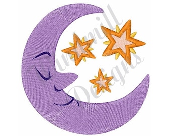 May include: A purple crescent moon with a smiling face and closed eyes, surrounded by three orange stars with pink centers.