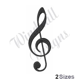 May include: Black and white treble clef embroidery design. The design is available in two sizes.