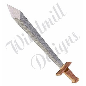 Puede incluir: Una espada plateada con un mango de madera marrón. La espada es puntiaguda y tiene un filo afilado.