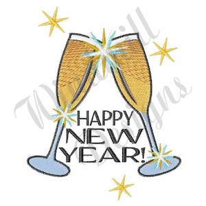 May include: Two gold champagne flutes clinking together with a sparkling effect. The text "Happy New Year!" is below the flutes.