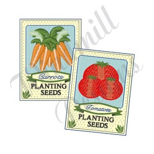 May include: Two vintage-style seed packets, one for carrots and one for tomatoes. The packets are yellow with a blue background and feature illustrations of the vegetables. The text on the packets reads "Carrots Planting Seeds" and "Tomatoes Planting Seeds".