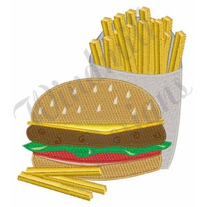 May include: A cartoon illustration of a hamburger and french fries. The hamburger is brown with a yellow cheese slice, green lettuce, and a red tomato. The fries are yellow and are in a white paper bag.