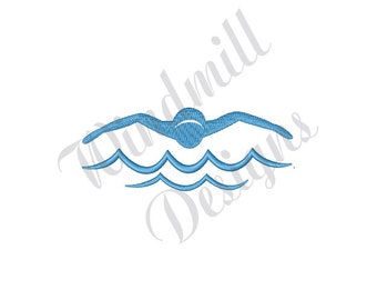 May include: A blue silhouette of a swimmer with outstretched arms above two blue waves.