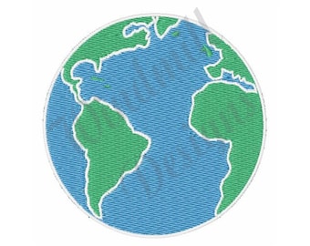 May include: Embroidered patch depicting the Earth. The continents are rendered in green, set against a blue ocean, with white borders. The circular patch has a textured finish, suitable for application on clothing or accessories.