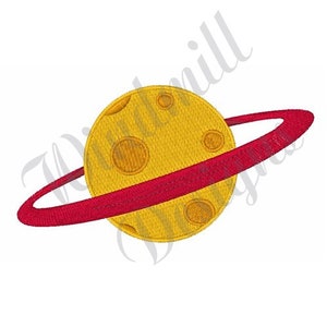 May include: A yellow planet with a red ring around it. The planet has a textured surface with several craters.
