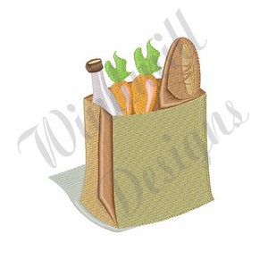 May include: A brown paper grocery bag with a loaf of bread, two carrots, and a glass bottle inside.
