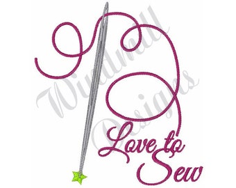 May include: An embroidered design featuring a silver needle with a magenta thread forming a loop. The words "Love to Sew" are written in a cursive font in magenta. A green star is at the bottom of the needle.