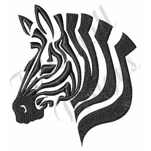 May include: Black and white stylized illustration of a zebra head. The zebra's stripes are bold and create a geometric pattern.