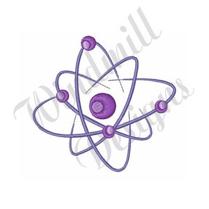 May include: Purple atom illustration with a large center circle and five smaller circles orbiting around it.