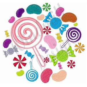 May include: An embroidered design of assorted sweets in a circular arrangement. A large pink lollipop is surrounded by candies in blue, green, purple, orange, yellow, and pink. The design is set against a white background.